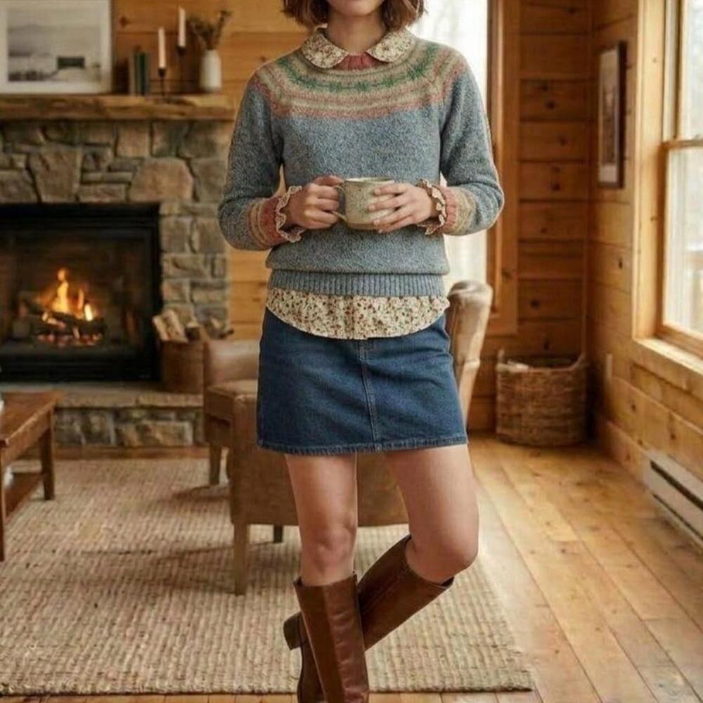 Retro Grey Fair Isle Knit Pullover Sweater – Nordic Geometric Winter Crewneck L